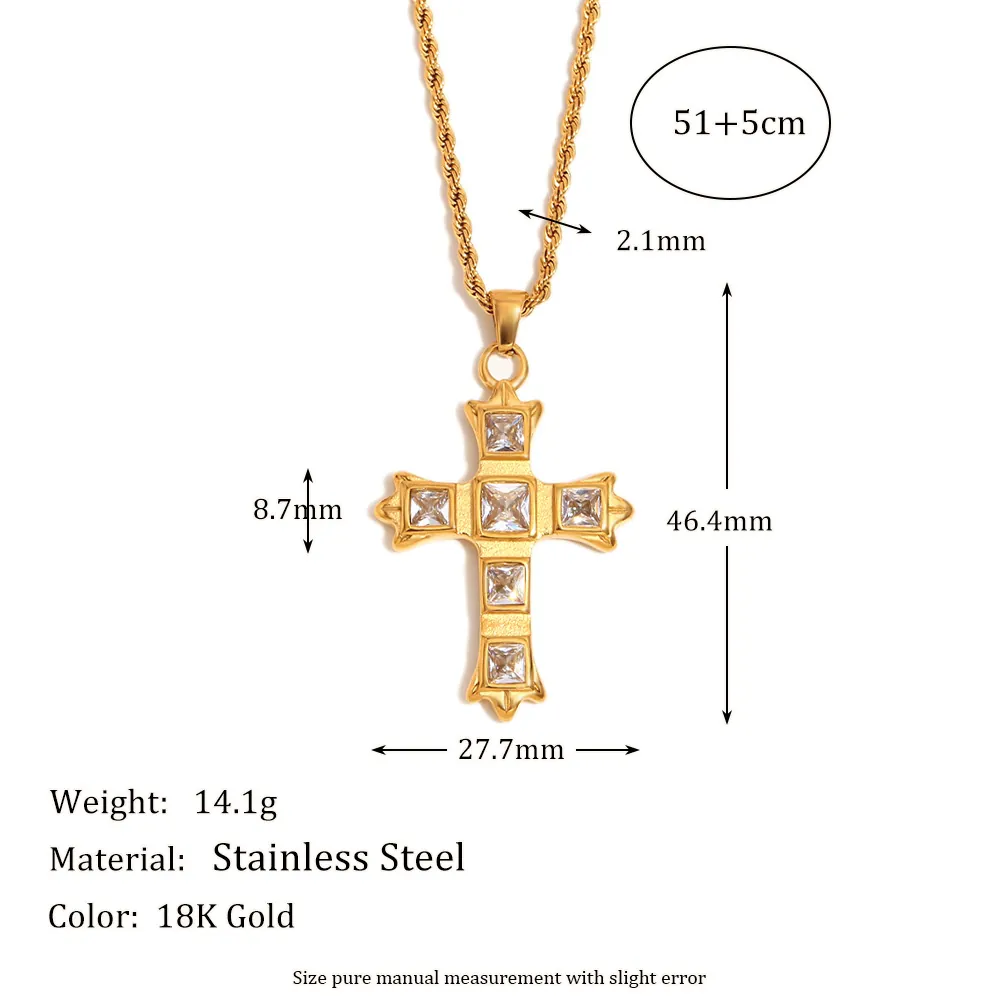 Stainless Steel Cross Necklace For Women 18K Gold Plated Square Zircon Pendant Twisted Rope Chain Fashion Jewelry