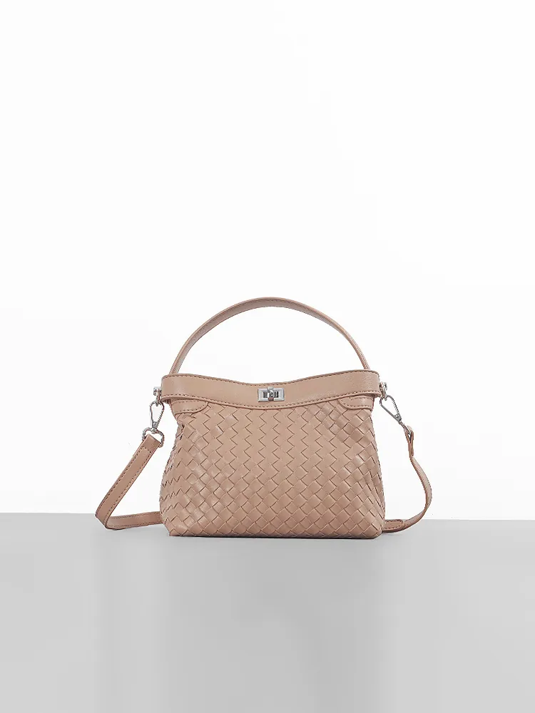 Woven Handbag Vegan Leather Braided Top Handle Crossbody Bag With Adjustable Strap Silver Turn Lock Minimalist For Women
