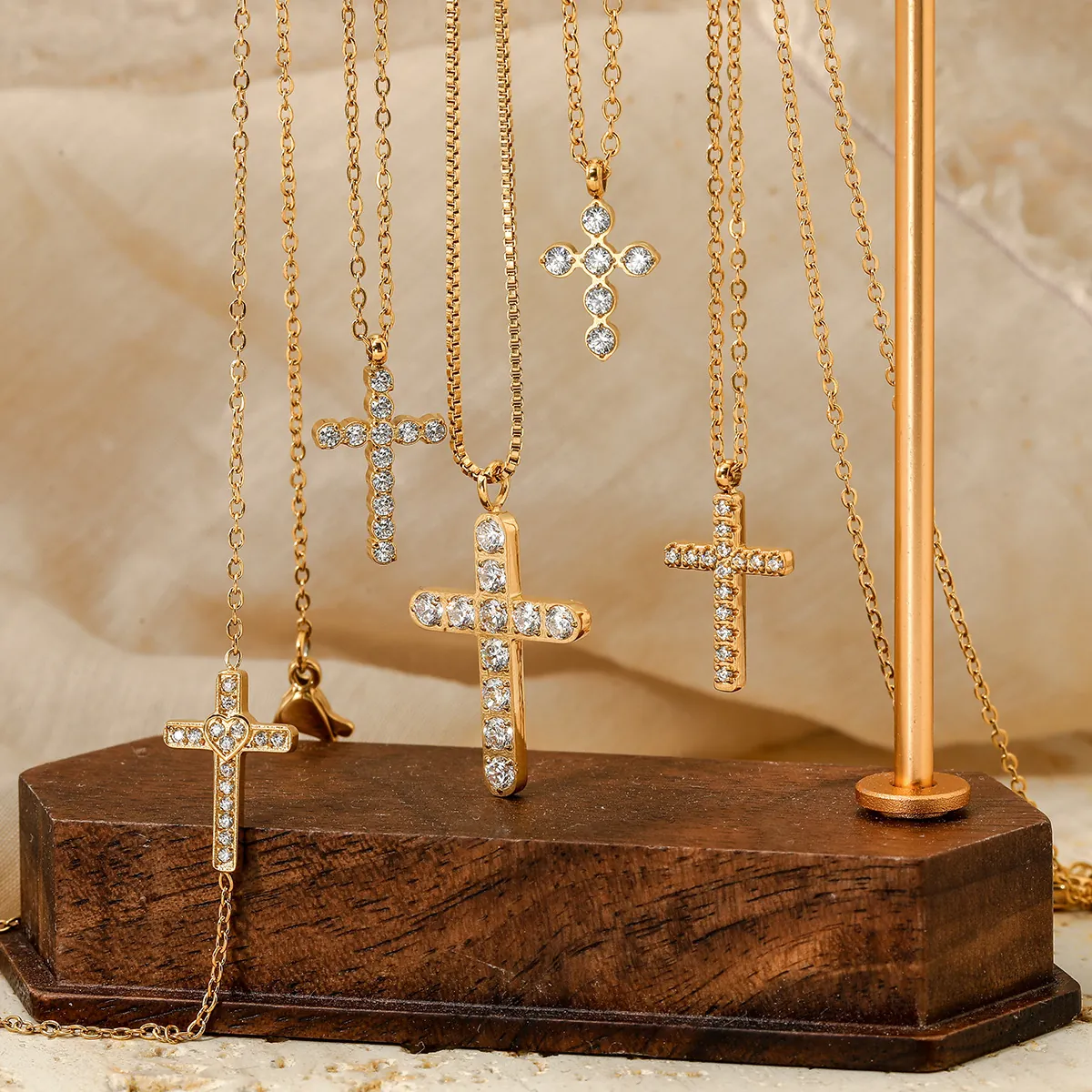 Cross Pendant Necklace Stainless Steel Zircon Inlaid Religious Dainty Elegant Jewelry For Women Men