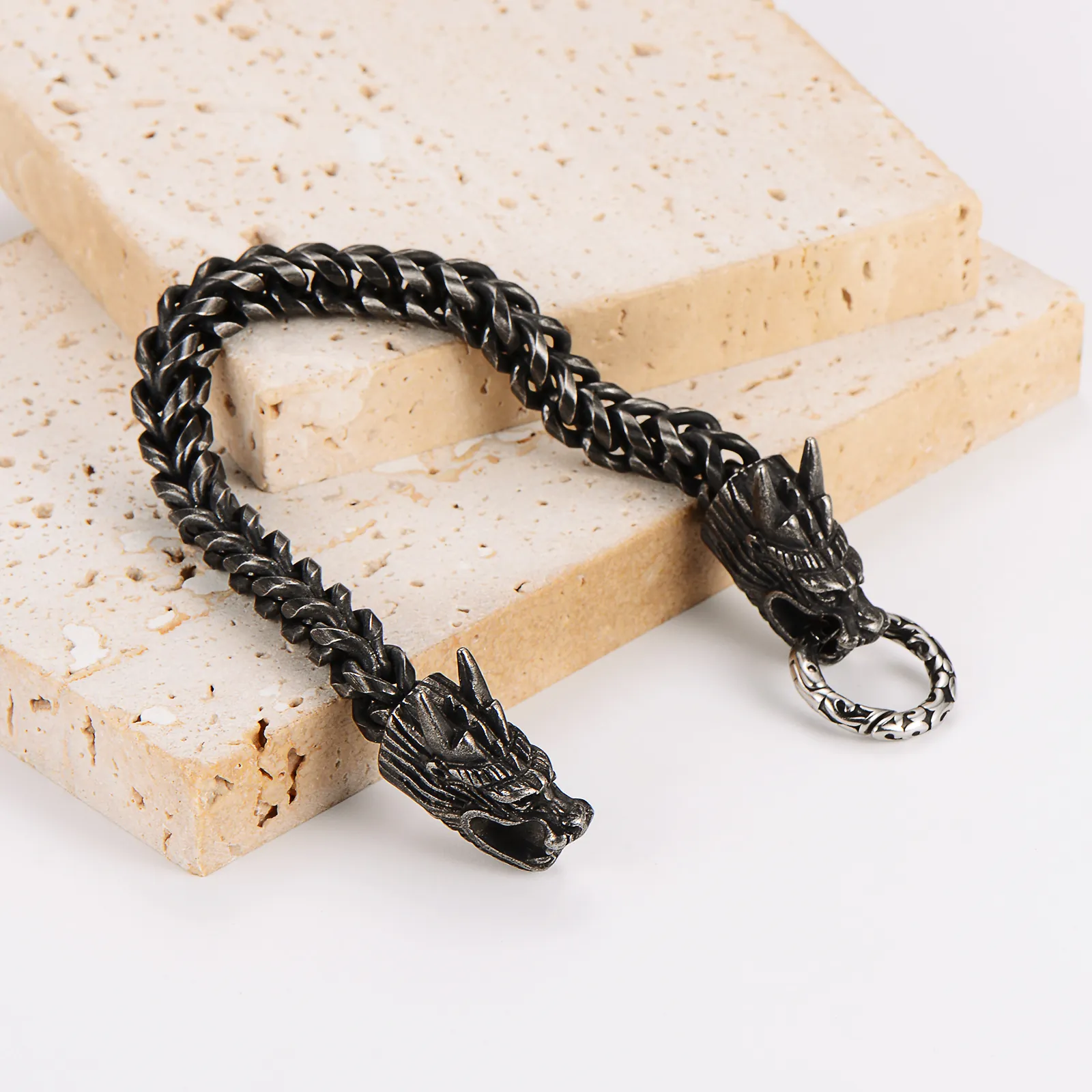 Men 304 Stainless Steel Double Dragon Head Bracelet Vintage Punk Black Chain Ring Buckle Jewelry Accessory