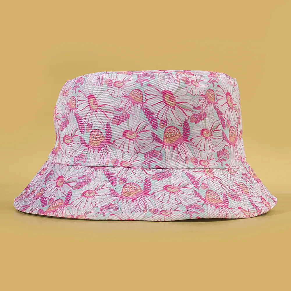 Bucket Hat Polyester Daisy Print Reversible Sun Protection Summer Floral Outdoor Travel Flat Top Cap For Women