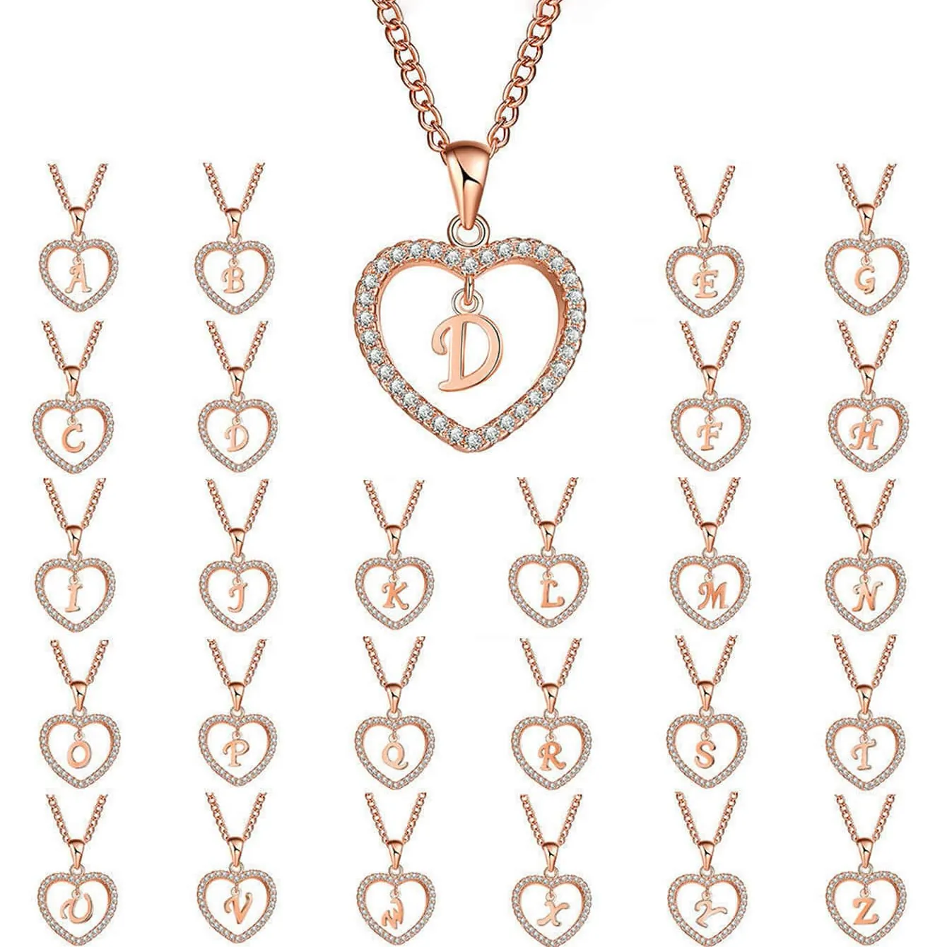 Heart Letter Pendant Necklace Copper Rhinestone Encrusted Alphabet Clavicle Chain For Women Vintage Jewelry