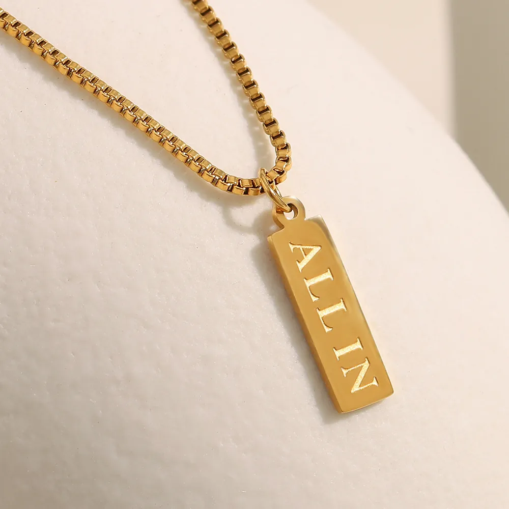 Minimalist 18K Gold Plated Stainless Steel Necklace With Engraved ALL IN Square Pendant Trendy Box Chain For Women