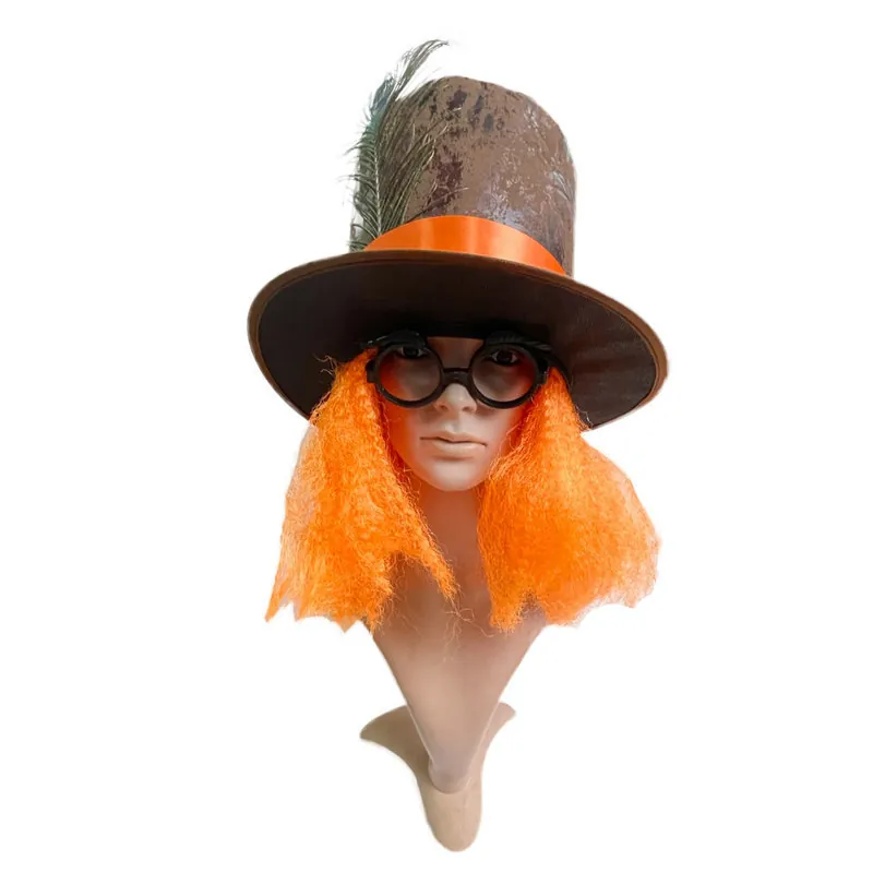 Halloween Mad Hatter Costume Set Brown Top Hat With Orange Wig Peacock Feather Glasses For Carnival Cosplay Party Props