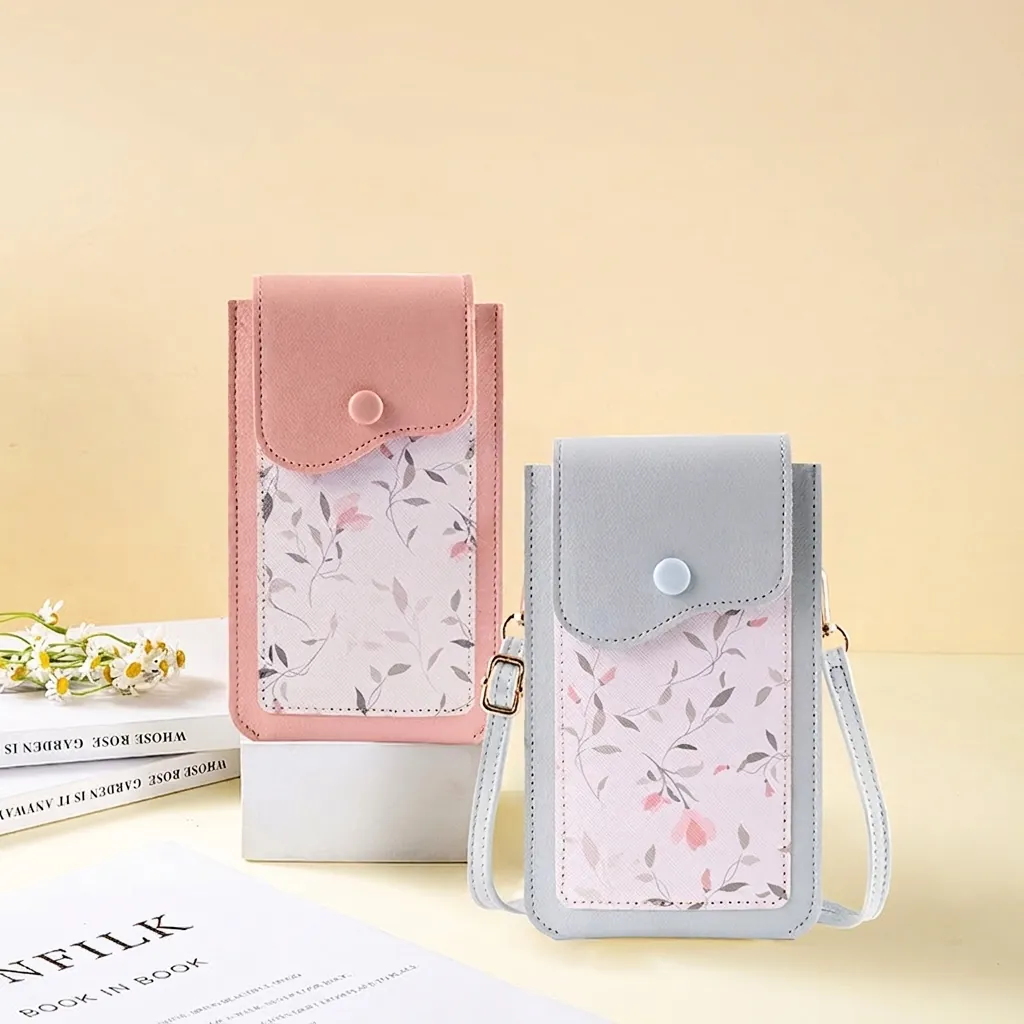 Women Floral Print Mobile Phone Crossbody Bag PVC Leather Touch Screen Window Mini Shoulder Pouch For Girls Fresh Style