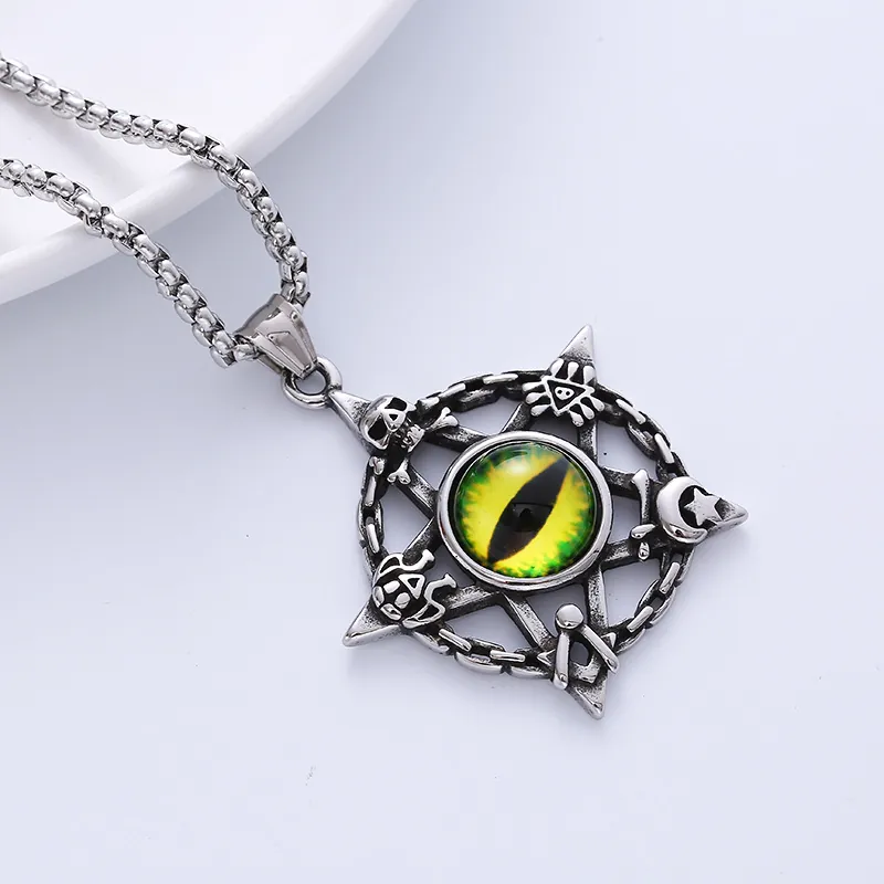 Pentagram Pendant Necklace Stainless Steel Gothic Skull Devil Eye Vintage Punk Jewelry For Men Women Long Box Chain