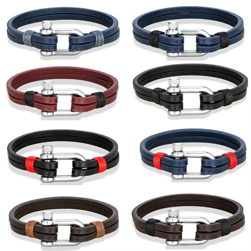 Bracciale In Pelle Intrecciata A Mano Fibbia A U In Acciaio Inossidabile Cordino A Strati Stile Nautico Per Uomo Unisex