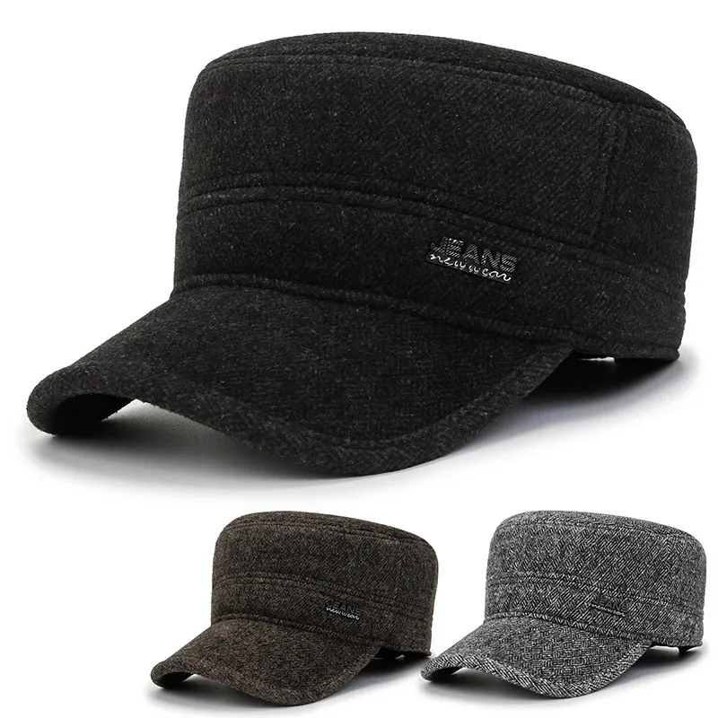 Men Winter Cadet Cap Wool Blend Warm Fleece Lined With Ear Flaps Windproof Vintage Military Hat For Outdoor Adjustable