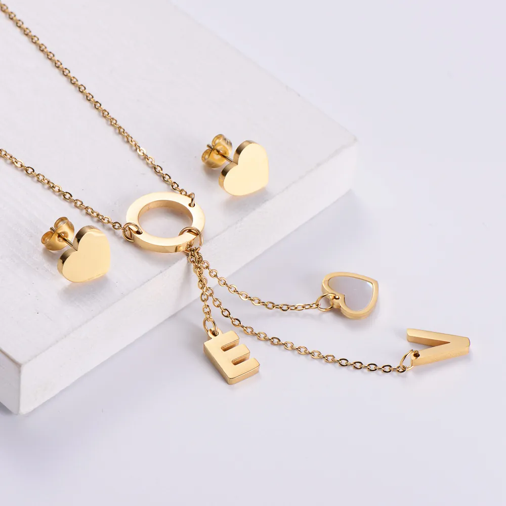 Stainless Steel LOVE Heart Shell Pendant Necklace And Stud Earrings Jewelry Gold Plated Elegant Women Accessory