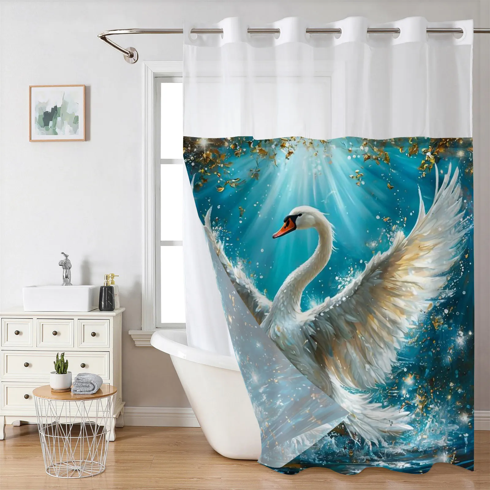 Swan Print Shower Curtain Waterproof Mildew Resistant Polyester Waffle Weave Hookless Layered Detachable Liner Magnetic