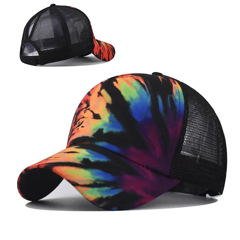 Women Ponytail Baseball Cap Tie Dye Mesh Back Adjustable Rainbow Sun Protection High Bun Trucker Hat