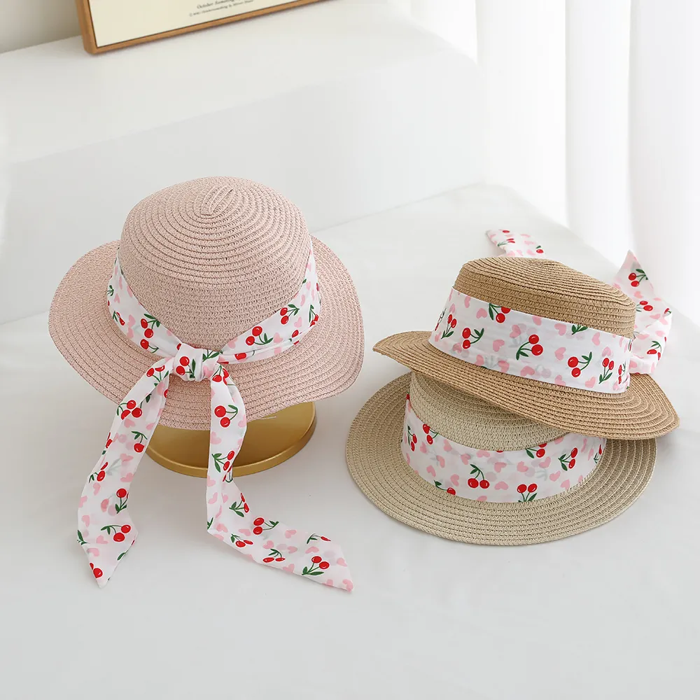 Kids Girls Straw Hat Paper Straw Cherry Ribbon Bow Flat Top Sun Protection Summer Beach Vacation Breathable Novelty
