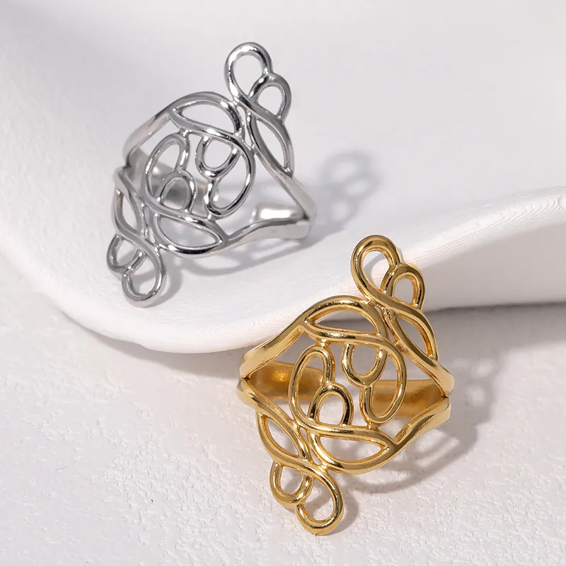 Anello Con Linee Astratte Traforate Acciaio Inossidabile Placcato Oro 18K Aperto Regolabile Gioielli Minimalisti Donna