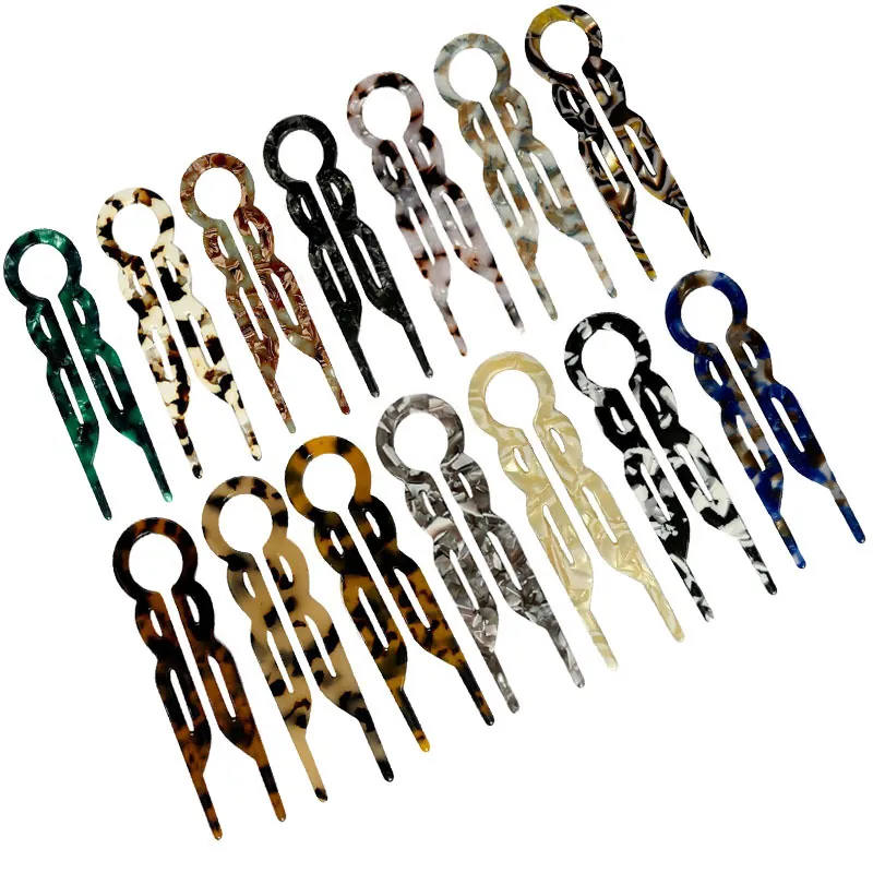 Acetate Hair Fork U-Shaped Vintage Hair Pin Marble Tortoiseshell Pattern Dual Prong Hair Stick Chignon Bun Maker Women