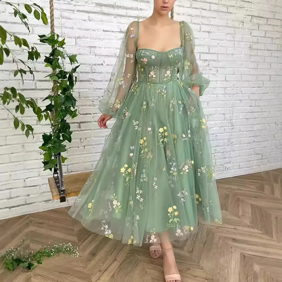 Women Sage Green Evening Gown Mesh Tulle Floral Butterfly Embroidery Puff Sleeve Corset Bustier Romantic Fairy Style Dress