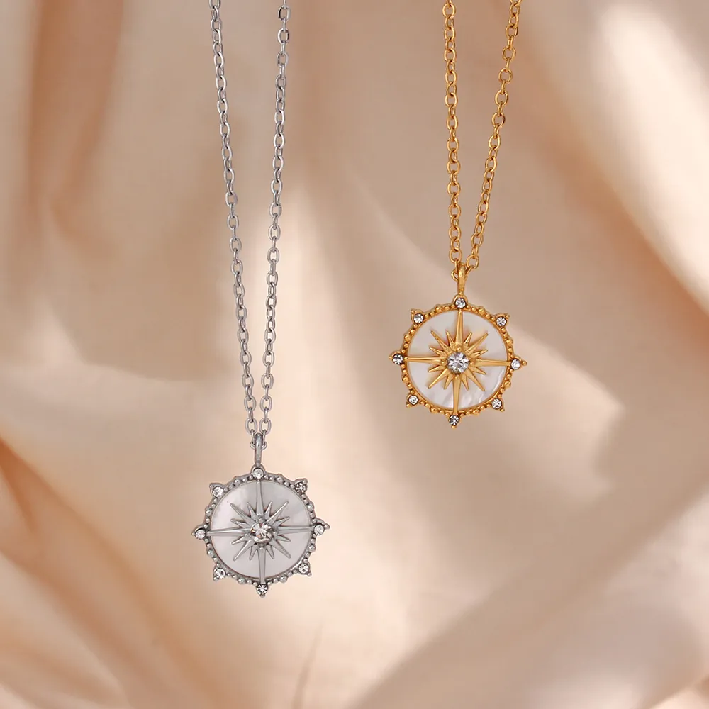 Collana Pendente Bussola Stella Acciaio Inossidabile Madreperla Conchiglia Zirconi Gioielli Celesti Boho Donne