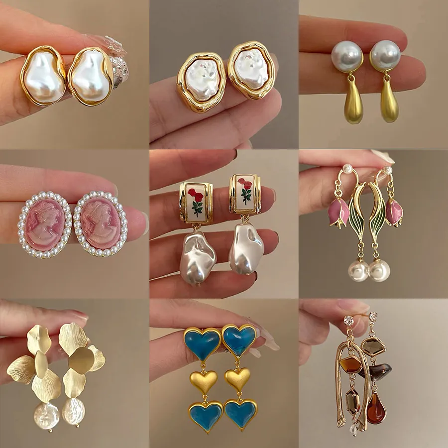 Orecchini A Lobo Con Künstliche Perle E Fiori Stile Retrò Francese Elegante Lega Strass Fiocco Con Perno In Argento 925
