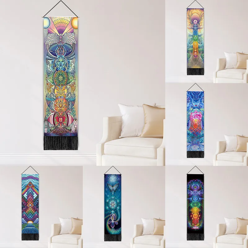 Bohemian Wall Hanging Tapestry Cotton Linen With Tassel Mystic Sun Moon Chakra Art For Bedroom Living Room Home Decor