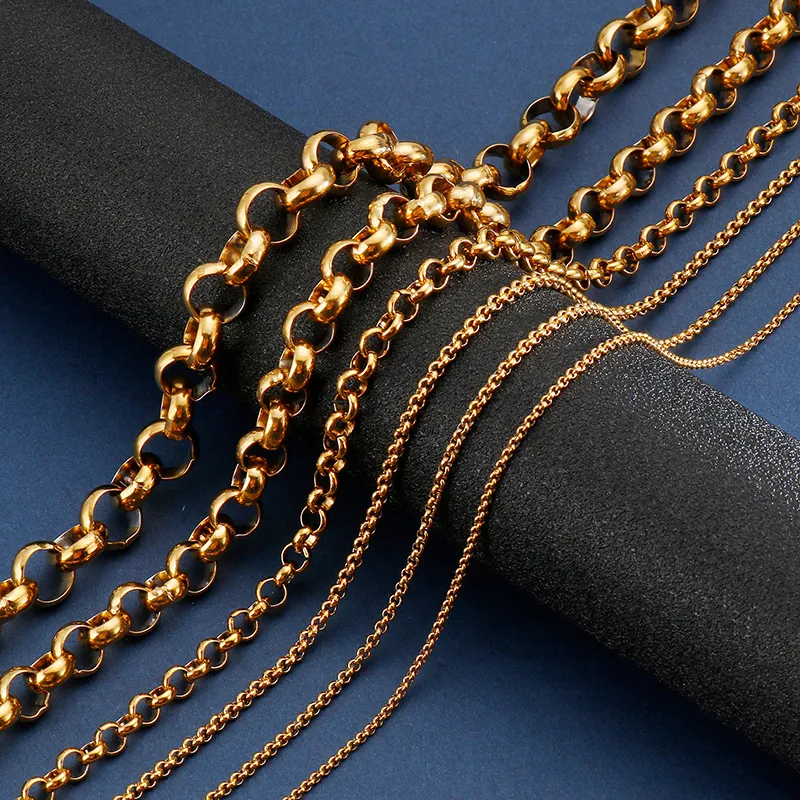 Rolo Chain Necklace Stainless Steel Polished Circular Link 18K Gold Plated Unisex Fashion Jewelry Accessory Hip Hop Style