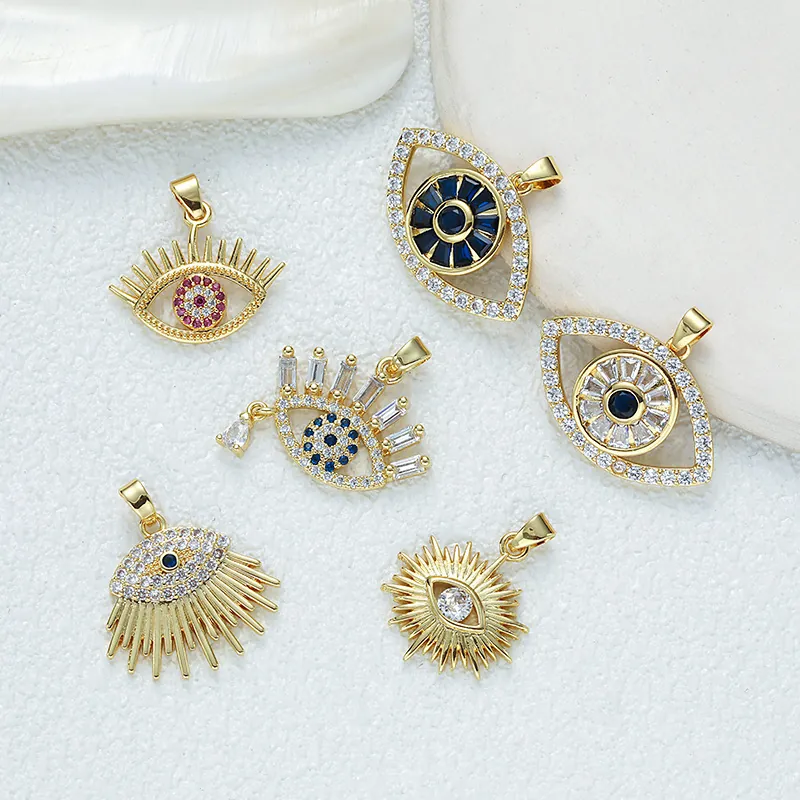 Evil Eye Hamsa Hand Pendants Copper Gold Plated Cubic Zirconia Heart Shape Jewelry Charms DIY Accessories For Women