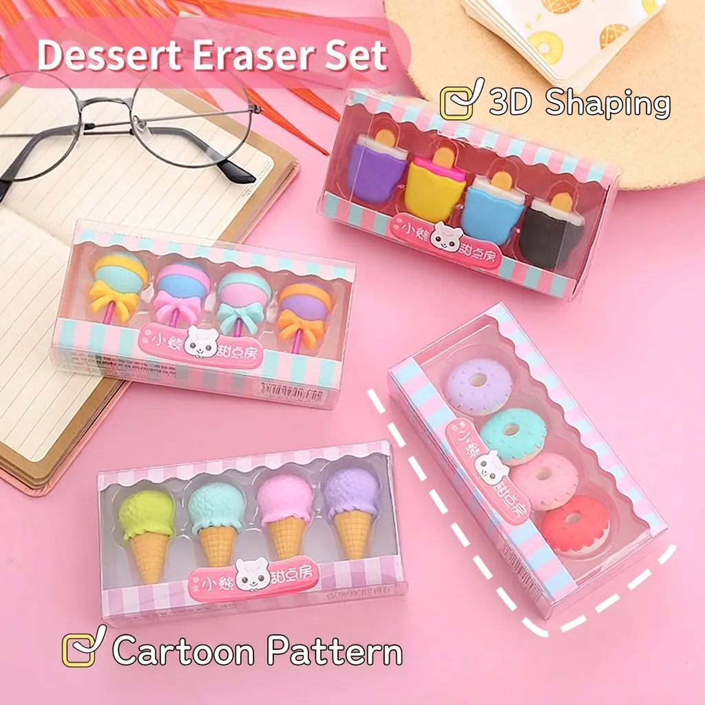 Cute Dessert Shaped Erasers TPR Rubber Cartoon Lollipop Donut Ice Cream Stationery For Kids Students School Office