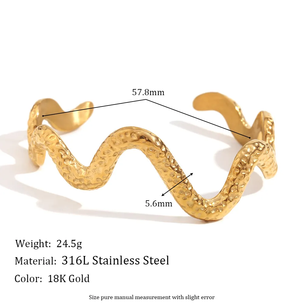 Stainless Steel Hammered Wave Open Bangle 18K Gold Plated Minimalist Snake Shaped Cuff Bracelet Adjustable Fashion Jewelry For Women