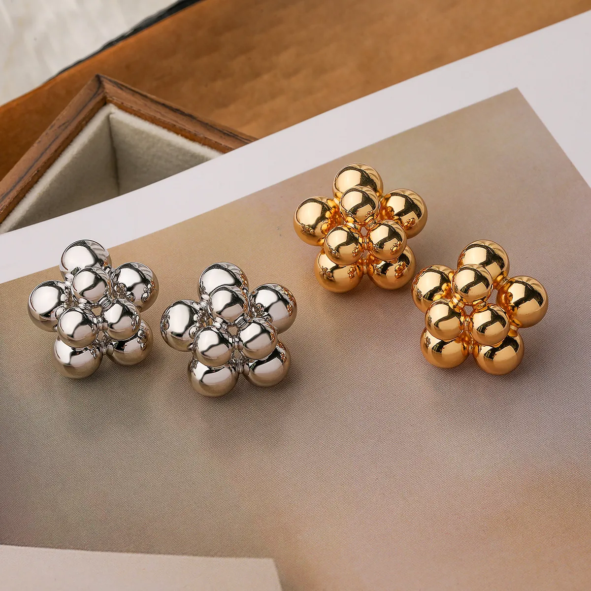 Flower Stud Earrings Niche Design Plated Copper Metal Ball Cluster Statement Jewelry Women INS Style Personalized