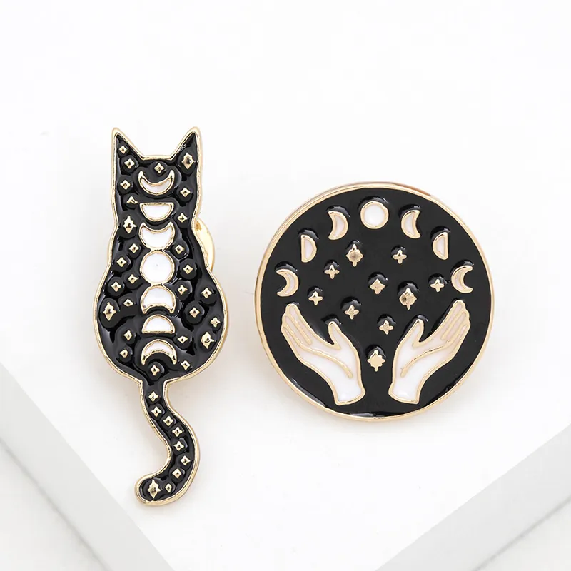 Moon Phase Cat Enamel Pin And Round Hands Astrology Badge Zinc Alloy Jewelry For Clothing Accessory Mysterious