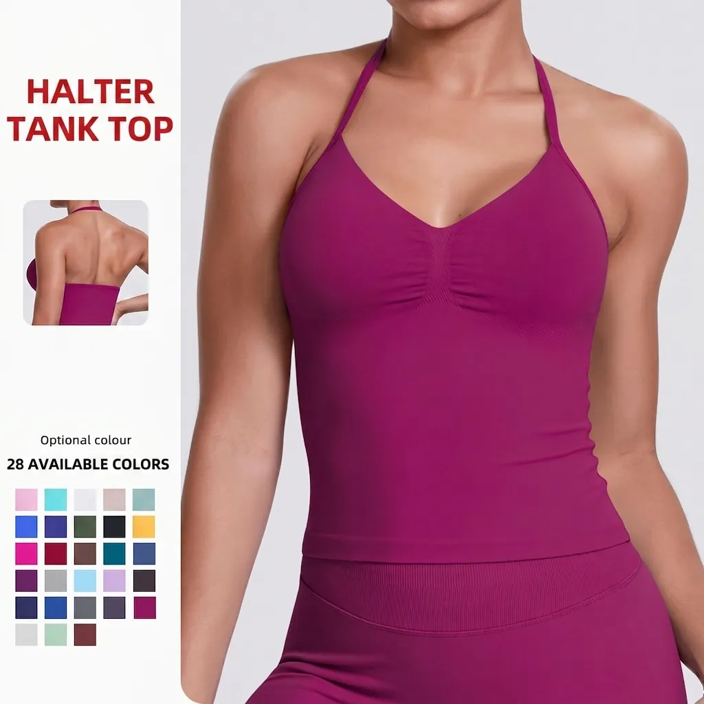 Women Halter Neck Yoga Tank Top Ruched V-Neck Sports Bra High Stretch Breathable Tight Fit Activewear Sleeveless Top
