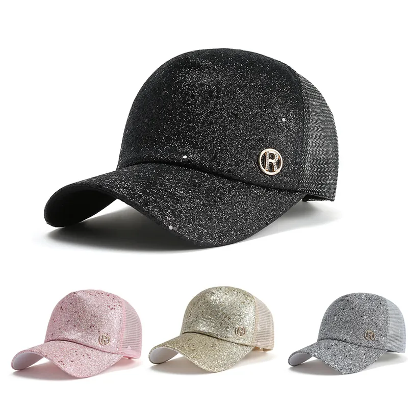 Sequin Mesh Baseball Cap Shiny Breathable Sun Protection R Letter Metal Logo Fashionable Snapback Hat