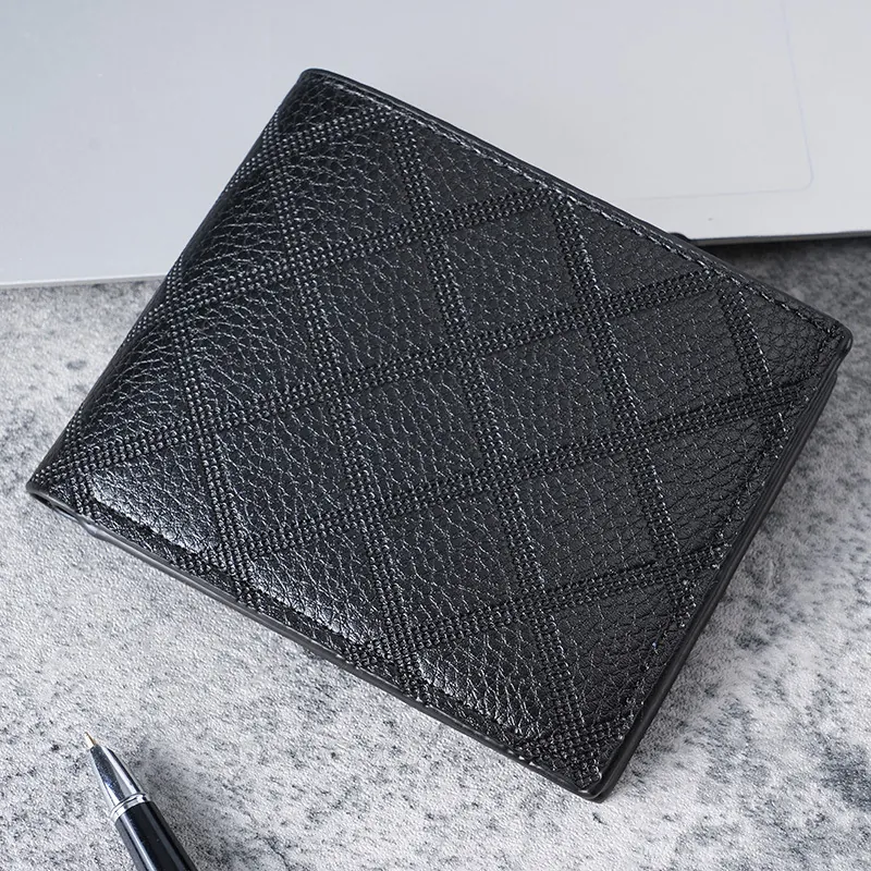 Portafoglio Bifold Uomo Pelle PU Grana Traliccio Slot Schede Multipli Corto Borsa Business Casual Grande Capacità