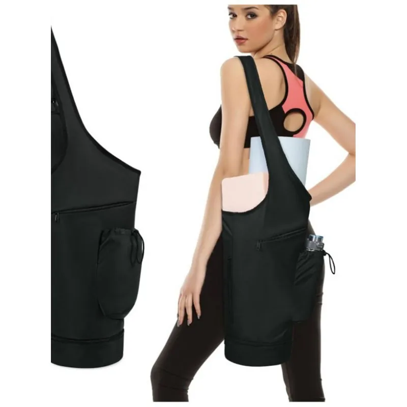 Sac De Tapis De Yoga En Polyester Imperméable Avec Grande Ouverture Bandoulière Réglable Poche Humide Et Porte Bouteille