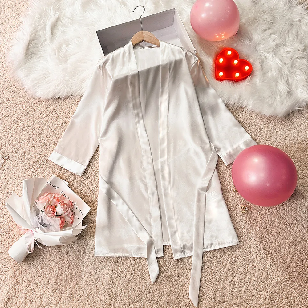 Women Satin Robe Long Sleeve Solid Color Simple Lightweight Nightgown For Loungewear Bathrobe With Belt V Neck