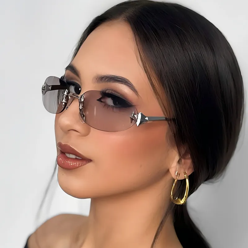 Vintage Oval Rimless Sunglasses With Star Metal Decoration Y2K Millennial Punk Style UV400 Protection