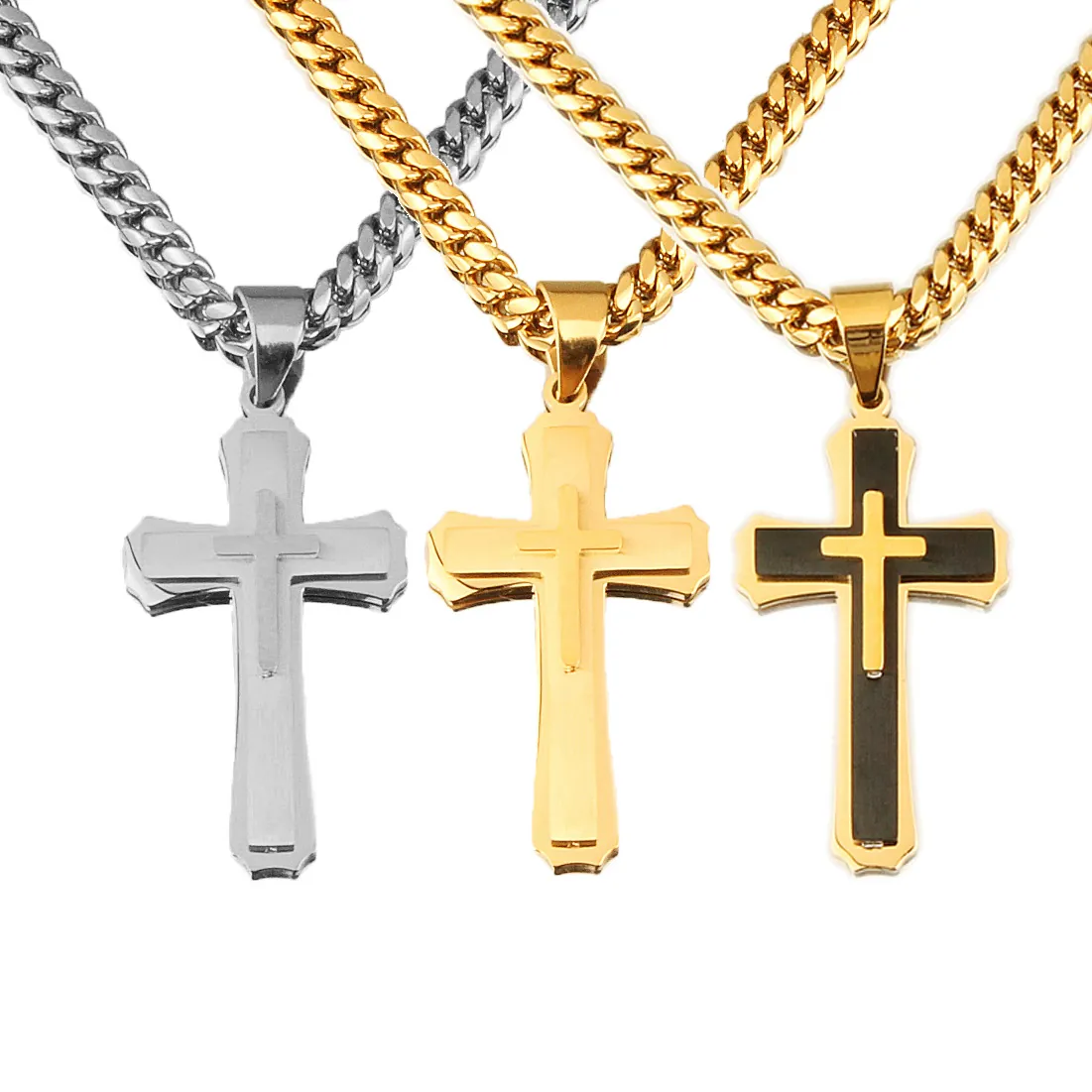 Cross Pendant Necklace Stainless Steel Cuban Link Layered Religious Punk Fashion Jewelry For Men