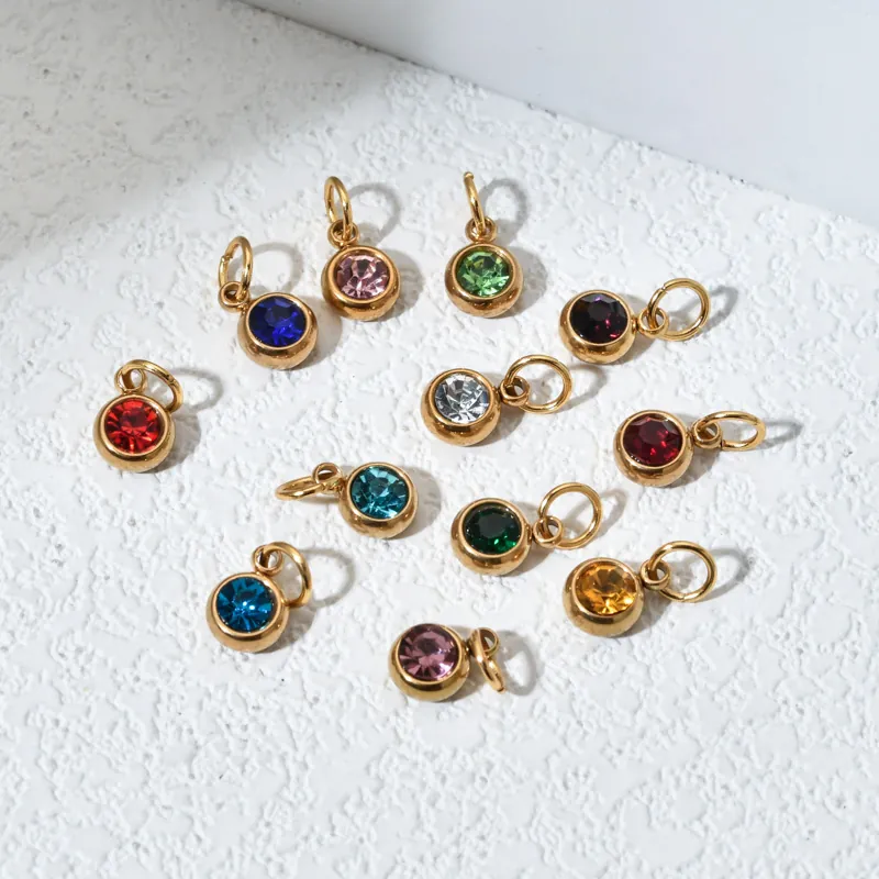 Stainless Steel Birthstone Pendant Round Zircon Charm For DIY Jewelry Making Necklace Bracelet Accessory Elegant Simple