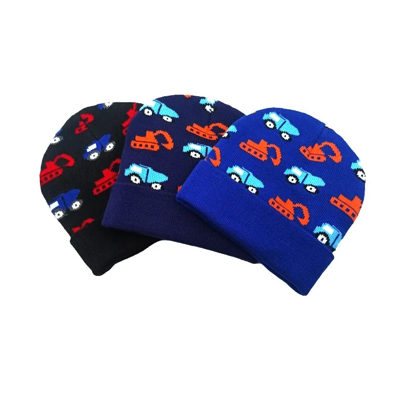 Kids Knitted Beanie Hat Acrylic Warm Winter Ear Protection Cartoon Excavator Pattern Outdoor Cold Weather Cap