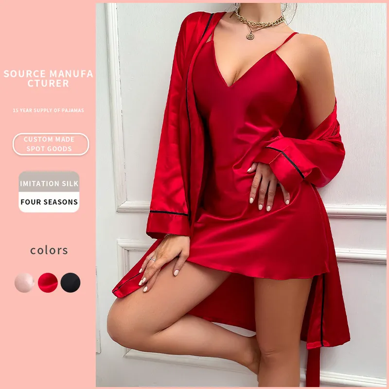 Women Satin Polyester Pajama Top And Bottom Nightgown And Robe Contrast Piping Sleepwear Casual Home Wear