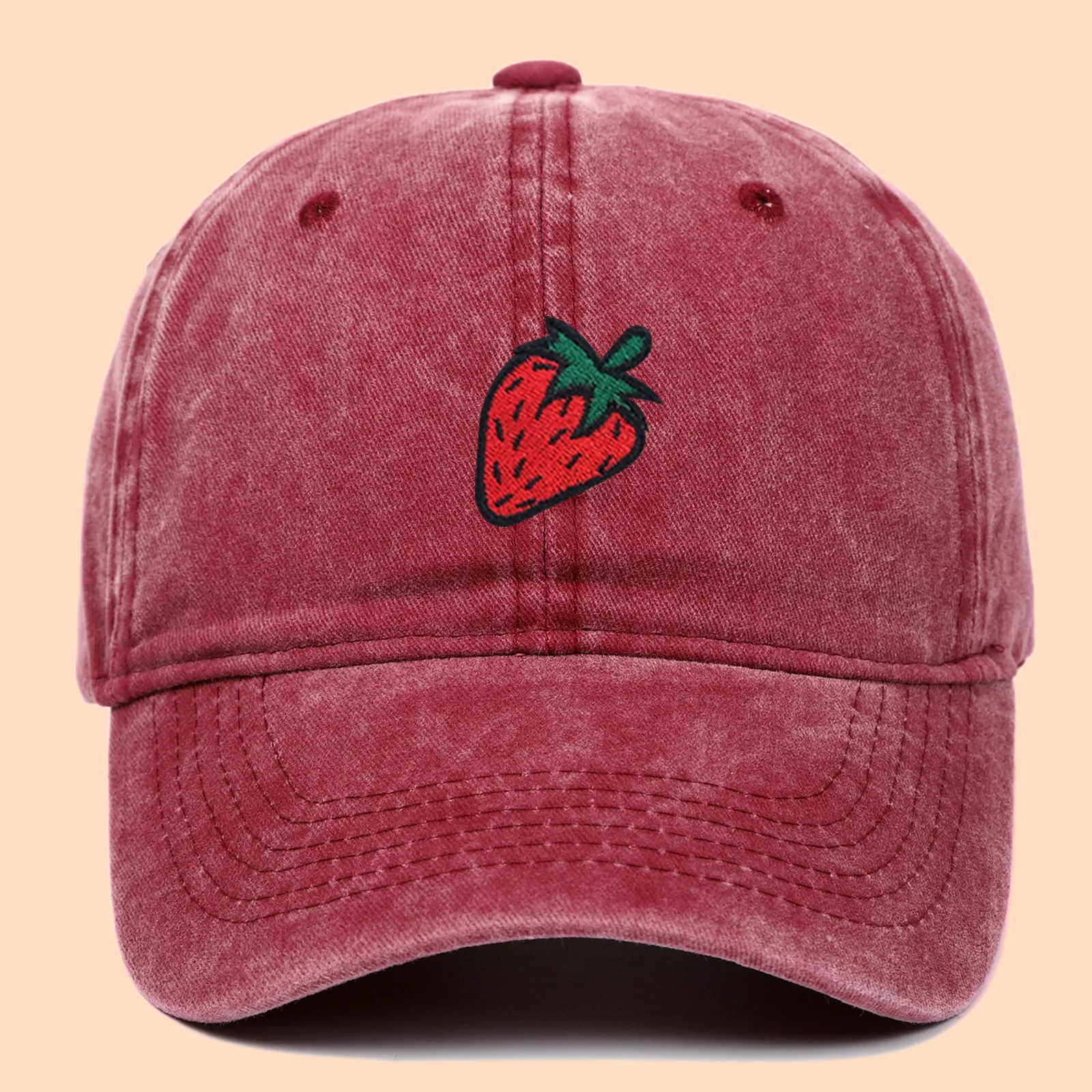 Baseball Cap Washed Cotton Strawberry Embroidery Sun Protection Outdoor Casual Adjustable Retro Style