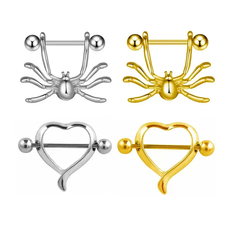 Spider Heart Nipple Rings Stainless Steel Barbell Piercing Jewelry Gothic Punk Accessories For Women