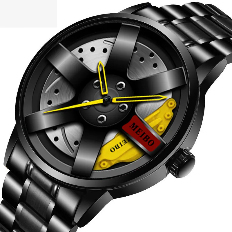 Men Quartz Watch Car Wheel Hub Rim Design Hollow Brake Disc Racing Style Sport Fashion Wristwatch Metal Leather Strap