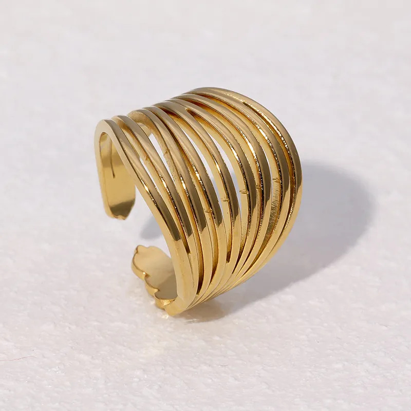 Minimalist Geometric Hollow Open Ring Stainless Steel Adjustable Multi Layer Line Band For Women Gold Silver Color