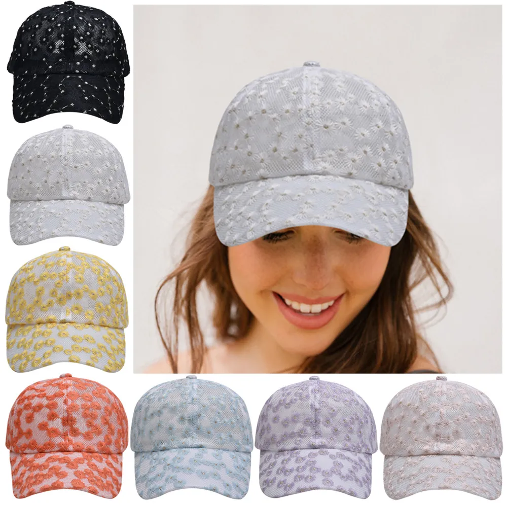 Women Lace Daisy Floral Embroidery Baseball Cap Breathable Mesh Sun Hat Outdoor Summer Casual Adjustable Fashion Accessory
