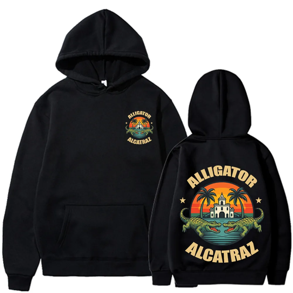Alligator Alcatraz Graphic Hoodie Men Long Sleeve Drawstring Polyester Sweatshirt With Kangaroo Pocket Retro Style