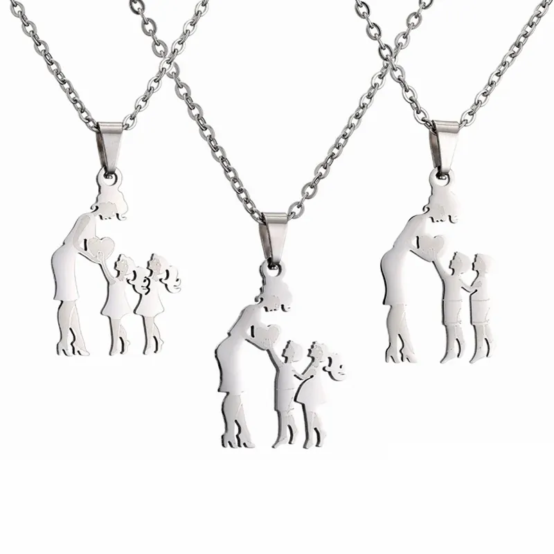 Stainless Steel Mother Child Pendant Necklace Heart Family Silhouette Jewelry Gift For Women