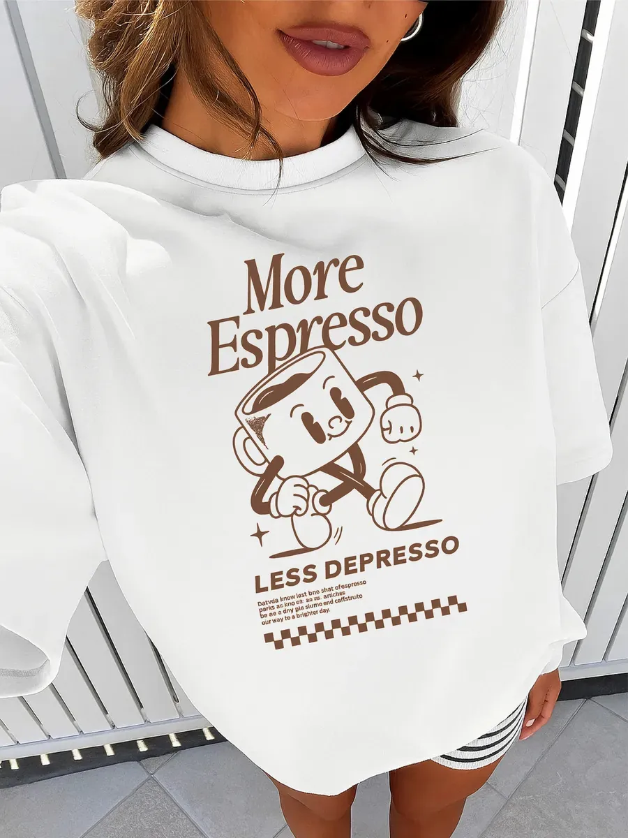 Women Cotton T-Shirt Funny More Espresso Less Depresso Letter Print Short Sleeve Round Neck Loose Casual Vintage Top