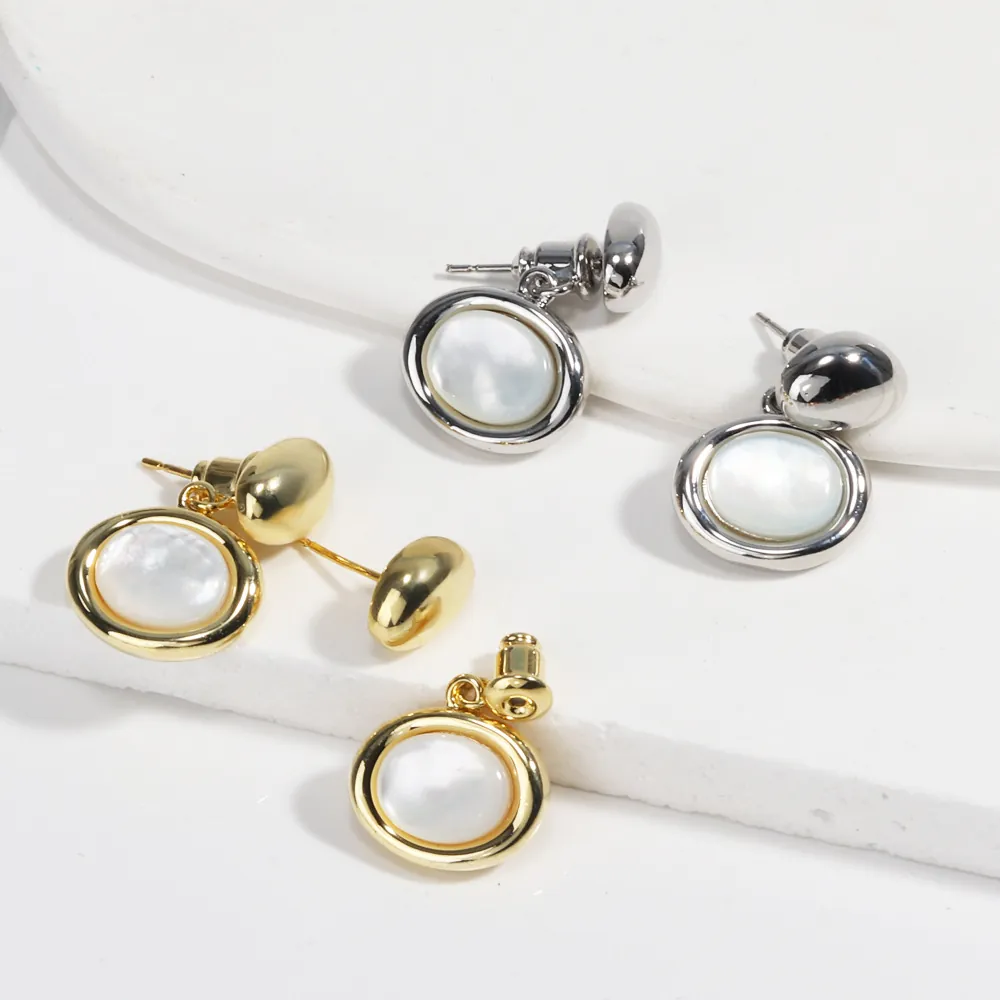 Boucles D'oreilles Pendantes En Nacre Ovales Cuivre Plaqué Or Style Rétro Vintage Français Bijoux Élégants Pour Femmes