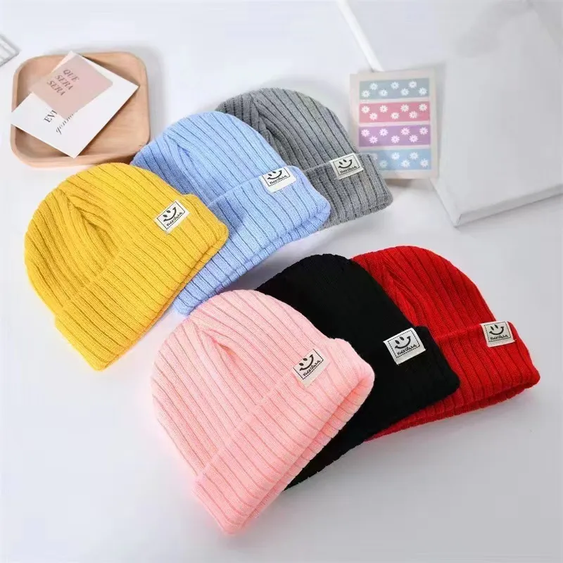 Infant Baby Knit Beanie Hat Acrylic Smiley Face Patch Winter Warm Ribbed Soft Stretchy Skull Cap For Toddler Boys Girls
