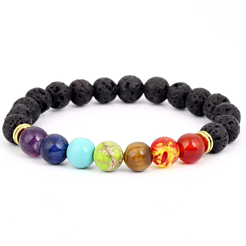 Chakra Lava Stone Bracelet Colorful Natural Stone Beads Energy Healing Yoga Meditation Alloy Spacer Elastic Braid Unisex