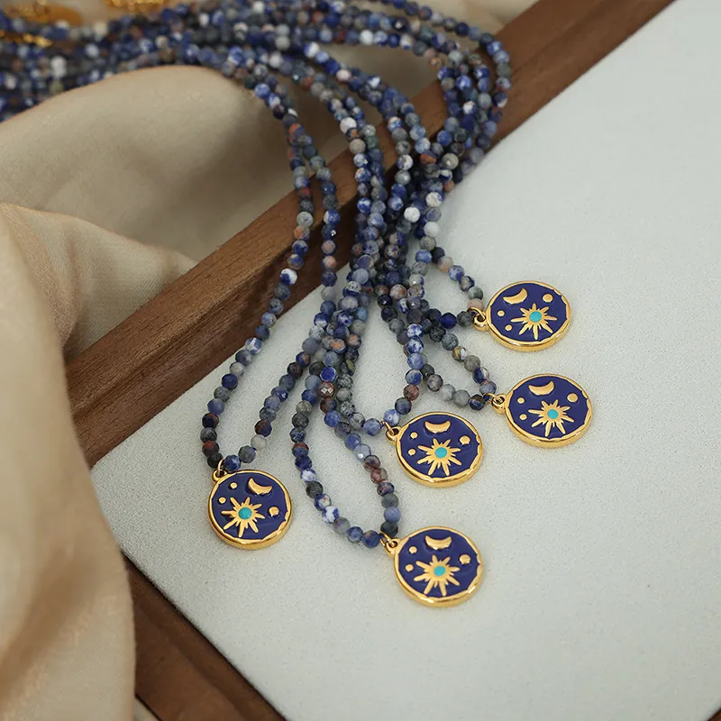Bohemian Natural Stone Beaded Necklace With 316L Stainless Steel Angel Moon Star Enamel Pendant Retro Jewelry For Women